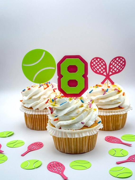 Custom Tennis Cupcake Toppers – Set of 12 with Age & Rackets