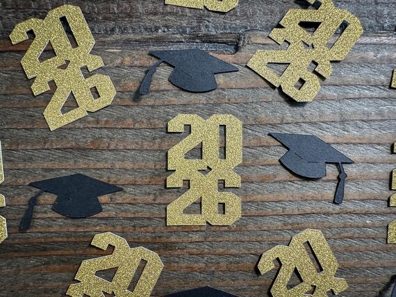 Glitter Gold 2026 Graduation Party Confetti with Black Caps Stacked Year