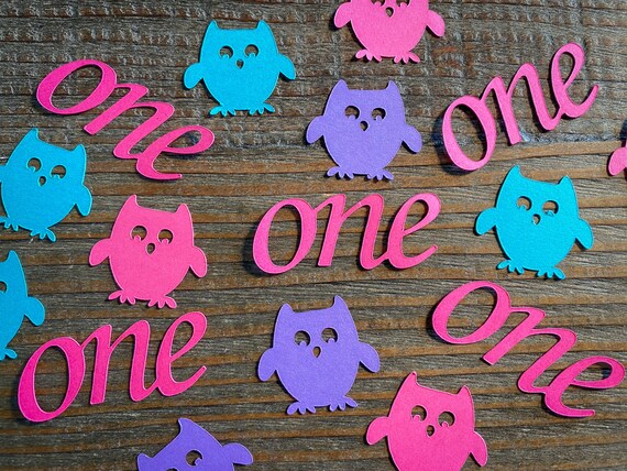 Pink, Purple, and Teal Owl First Birthday Confetti