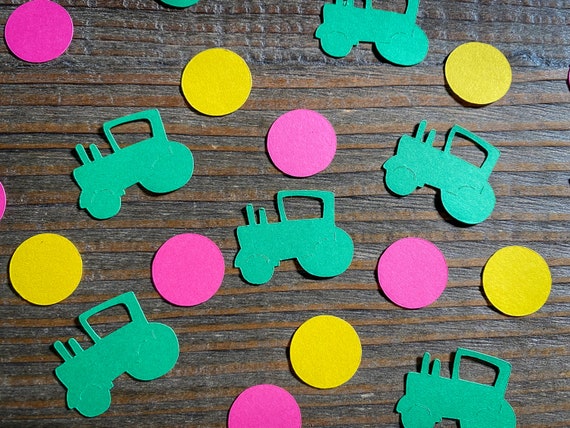 Green Tractor with Pink and Yellow Circles Confetti