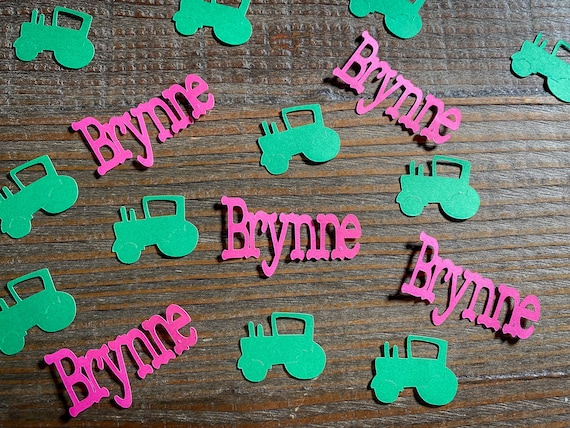Personalized Pink and Green Tractor and Farm Party Confetti