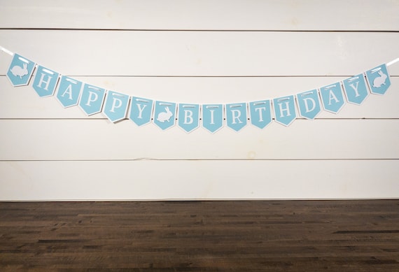 Blue and White Bunny Happy Birthday Banner