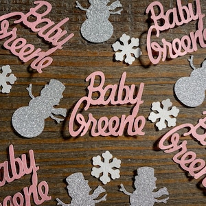 Personalized Snowman Baby Shower Confetti: Pink & Silver Winter Theme