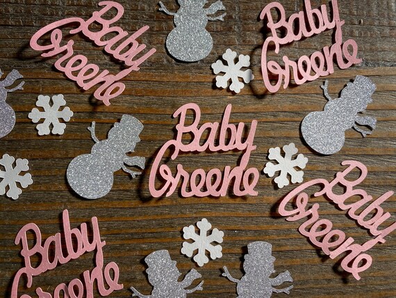 Personalized Snowman Baby Shower Confetti: Pink & Silver Winter Theme