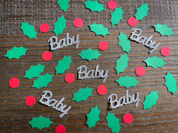 Holly Leaves, Berries and Silver Baby Shower Confetti