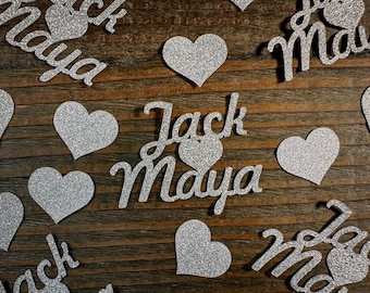 Silver Personalized Engagement Confetti with Hearts Script