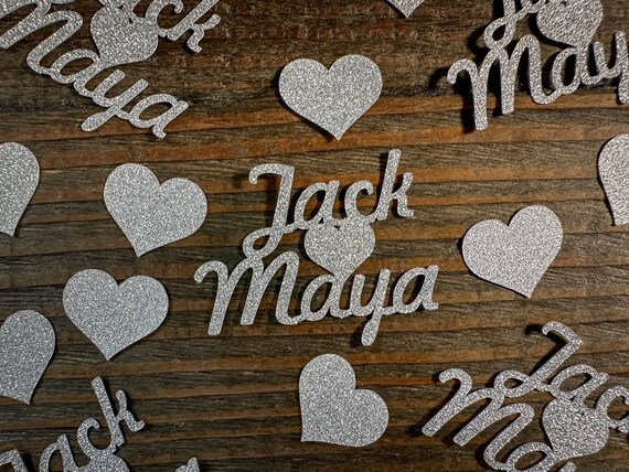 Silver Personalized Engagement Confetti with Hearts Script
