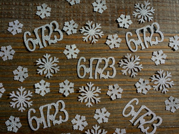 Personalized Silver Wedding Date and Snowflake Confetti