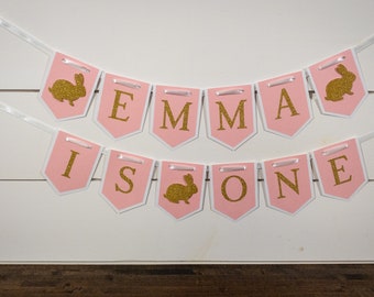 Pink and Gold Personalized Bunny First Birthday Age and Name Banner