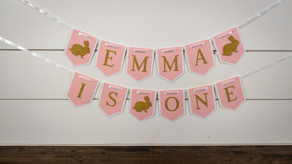 Pink and Gold Personalized Bunny First Birthday Age and Name Banner