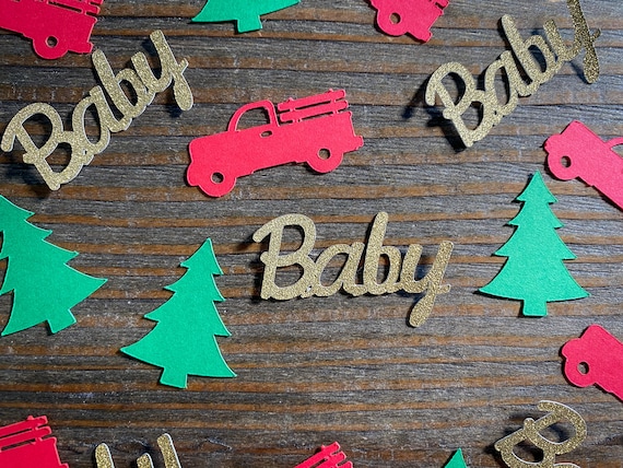 Red Truck, Christmas Tree, Gold Baby Shower Confetti