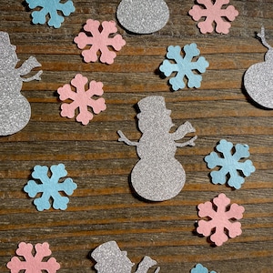 Pink and Blue Snowflake and Snowman Winter Baby Shower Gender Reveal Party Confetti