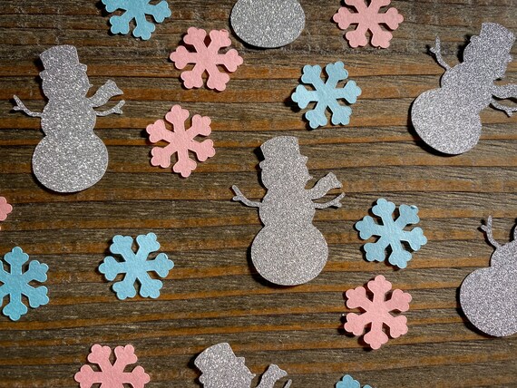 Pink and Blue Snowflake and Snowman Winter Baby Shower Gender Reveal Party Confetti