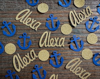 Confeti para fiesta náutica con ancla personalizada en azul marino y dorado
