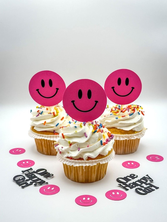 Pink Smiley Face Cupcake Toppers – Set of 12