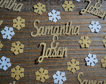 Personalized White and Gold Snowflakes with Gold Couple Name Confetti