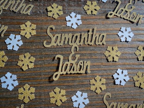 Personalized White and Gold Snowflakes with Gold Couple Name Confetti