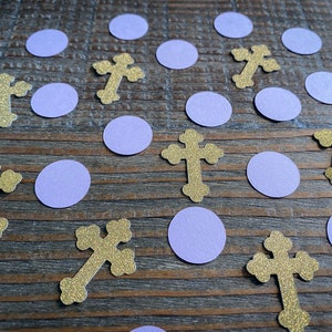 Confeti para bautizo, primera comunión, cruz de color morado claro y dorado