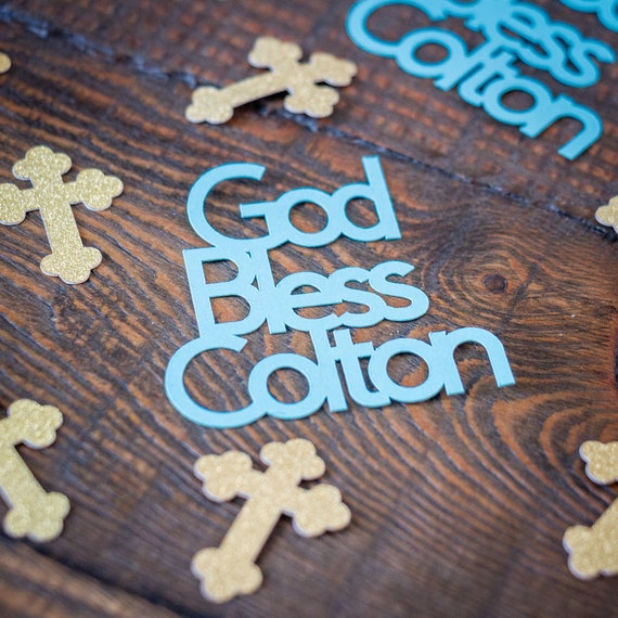Blue and Gold Personalized Baptism First Communion God Bless Confetti
