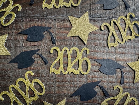 Gold  2026 Graduation Party Confetti with Black Caps and Gold Stars