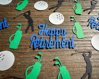May include: Green and blue golf-themed confetti with the words "Happy Retirement" in blue. The confetti includes golf bags, golf balls, and golfers.