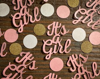 Roze It's a Girl-babyshowerconfetti met roze, witte en gouden cirkels