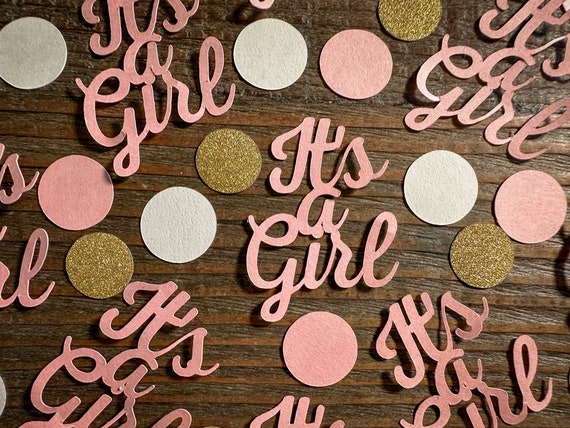 Pink It's a Girl Baby Shower Confetti with Pink, White, and Gold Circles