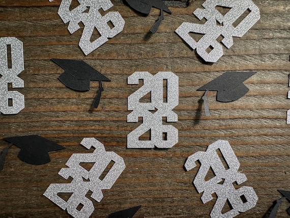Silver Stacked 2026 Graduation Party Confetti with Black Caps