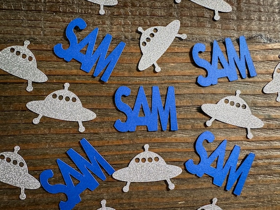 Personalized UFO Alien Party Confetti Silver and Royal Blue