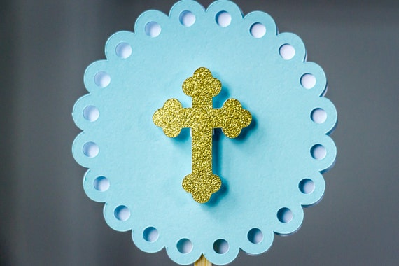 Blue and Gold Baptism First Communion Cupcake Toppers