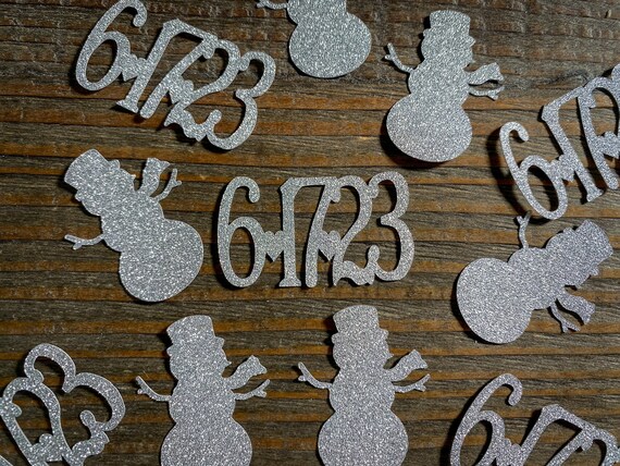 Personalized Silver Snowman and Date Engagement Wedding Confetti