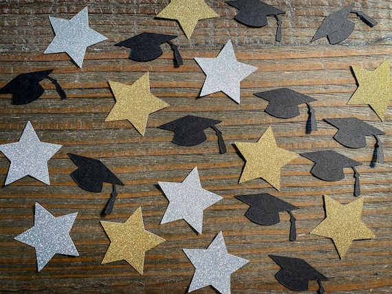 Silver and Gold Stars with Black Graduation Caps Graduation Party Confetti