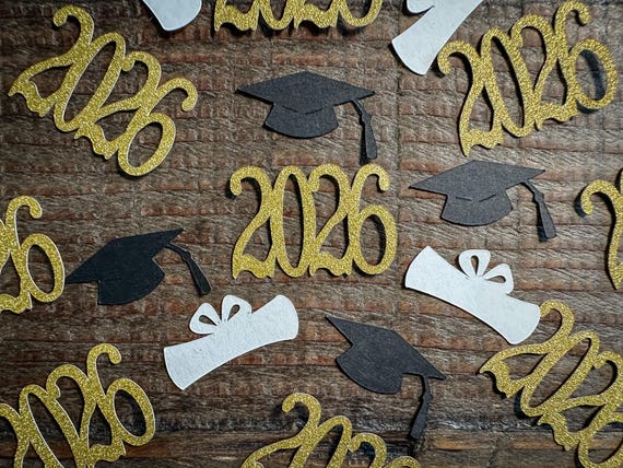 2026 Graduation Confetti Black and Gold with Diplomas
