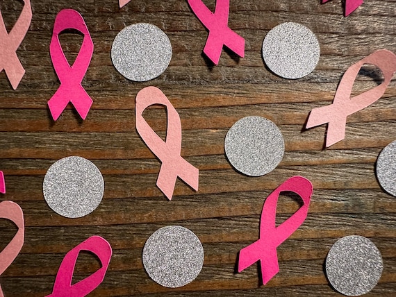 Light and Bright Pink Ribbon and Silver Circle Breast Cancer Awareness Confetti