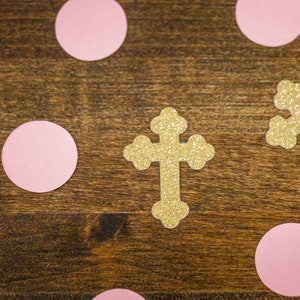 Gold Cross and Pink Circle Baptism First Communion Confetti