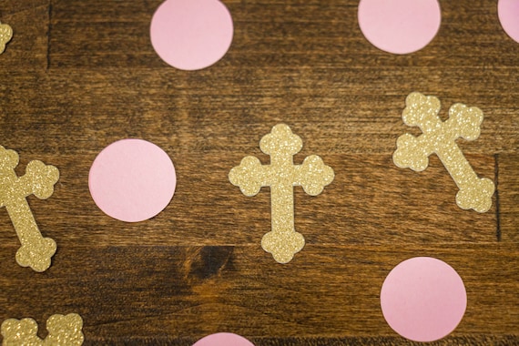 Gold Cross and Pink Circle Baptism First Communion Confetti