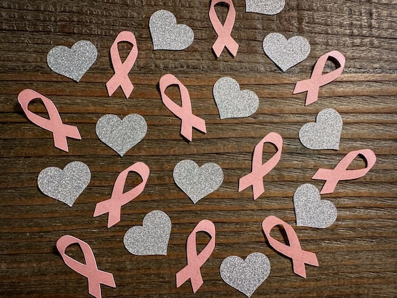 Light Pink Ribbon and Silver Heart Breast Cancer Awareness Confetti