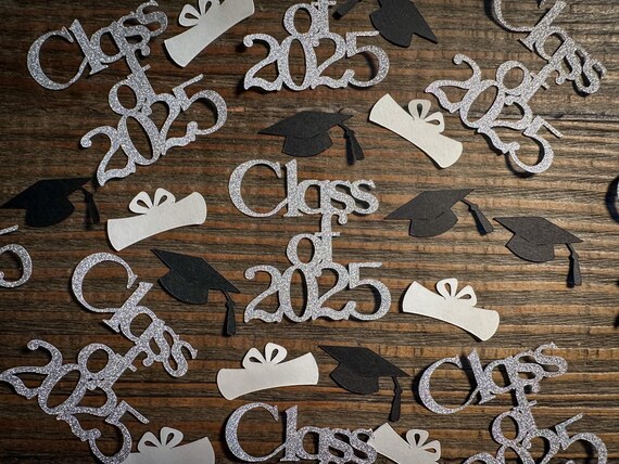 Silver Class of 2025 Graduation Confetti with Diplomas