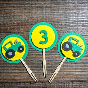 Personalized Age Green Tractor Cupcake Toppers for Farm Birthday Party