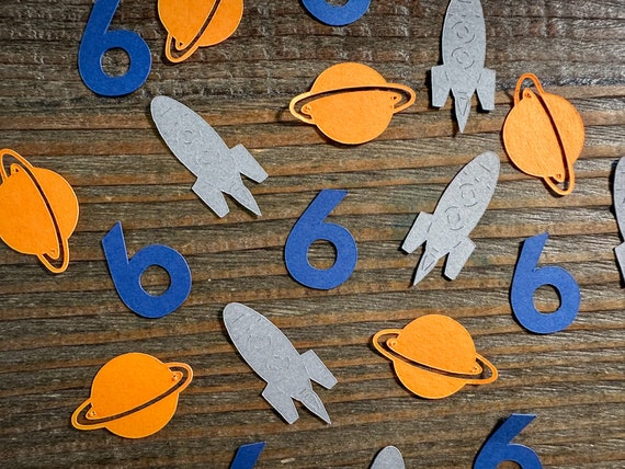 Custom Age Orange, Gray, and Blue Space Party Confetti