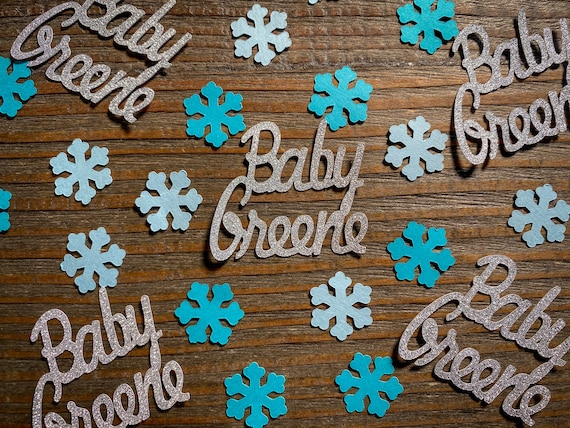 Personalized Blue, Teal, and Silver Snowflake Baby Name Baby Shower Confetti