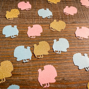Waddle it Be Little Turkey Coriandoli per baby shower per rivelare il sesso del bambino. Coriandoli rosa, blu e oro a forma di tacchino.