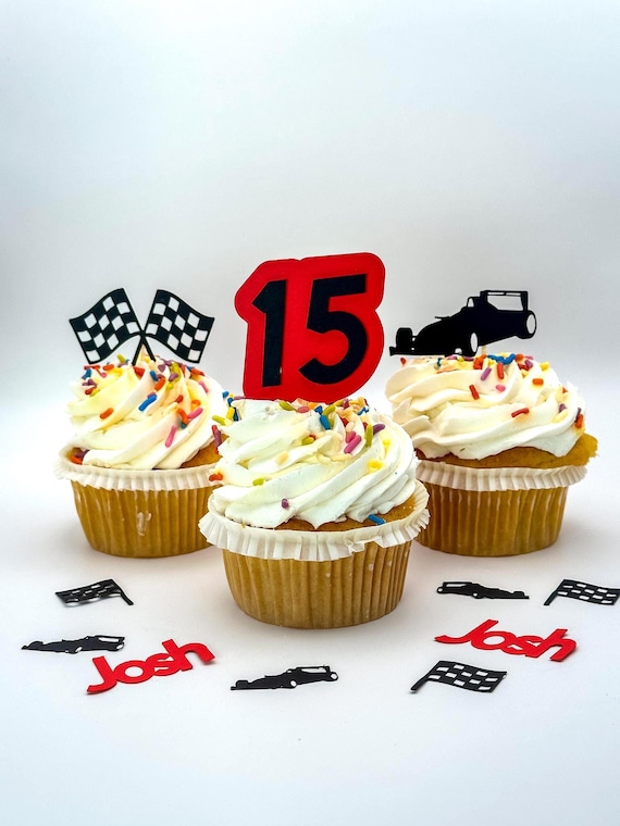 F1 Race Car Cupcake Toppers with Custom Age – Set of 12 – Racing Birthday Decorations