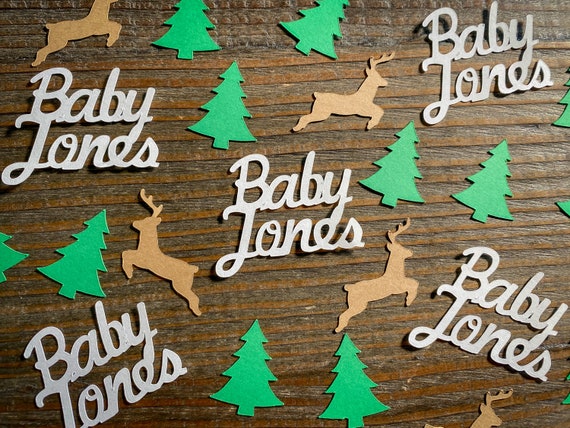 Personalized Reindeer, Tree, and White Baby Name Baby Shower Confetti