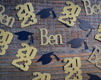 Personalized Gold 2024 Graduation Party Confetti with Graduation Caps Stacked Year