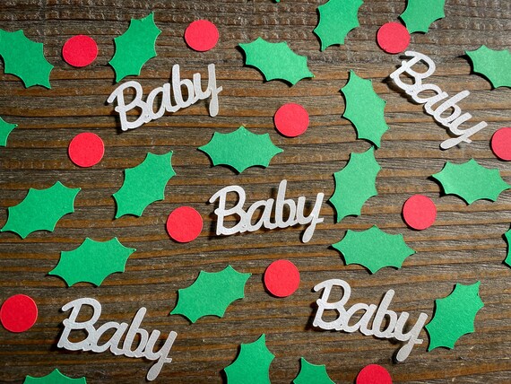Holly Leaves, Berries, and White Baby Shower Confetti