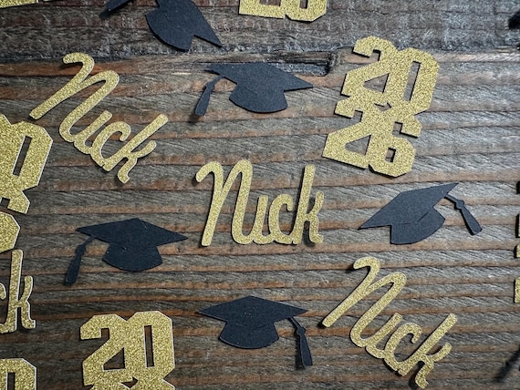 Personalized Gold 2026 Graduation Party Confetti with Grad Caps Stacked Year