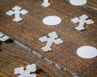 Silver Cross and White Circle Baptism First Communion Confetti