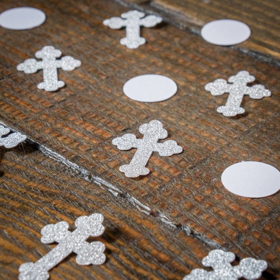 Silver Cross and White Circle Baptism First Communion Confetti