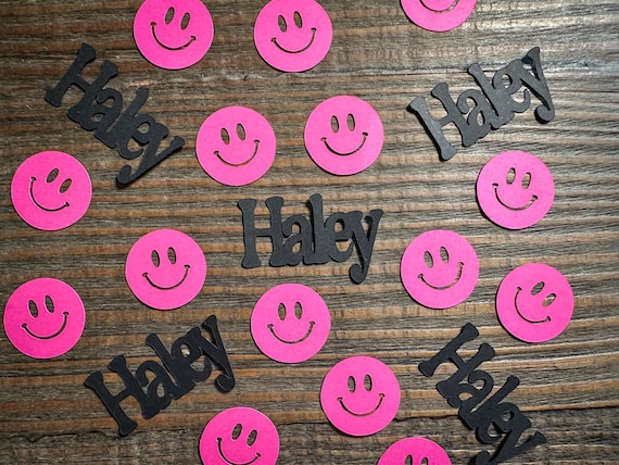 Personalized Bright Pink Smiley Face Party Confetti, 100 pieces, Customizable Colors